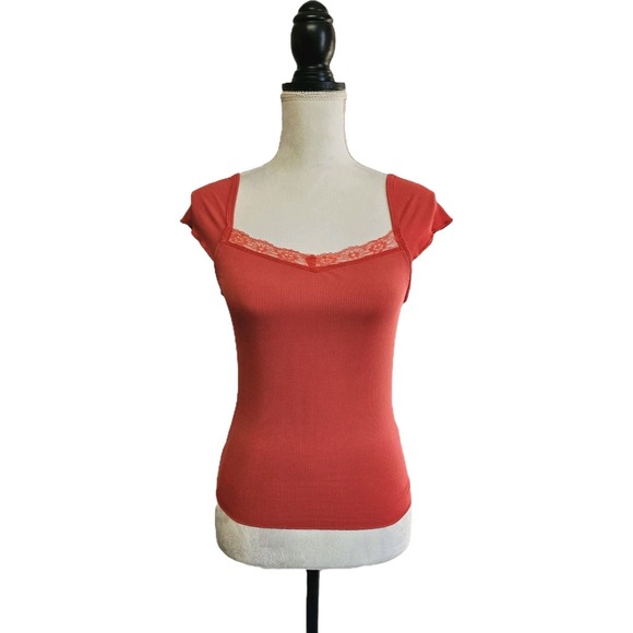 Dazy Tops - Dazy Red Lace Trim Cap Sleeve Ribbed Knit Bodycon Top Size M Y2K Vampire Diaries